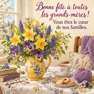Aquarelle d’un bouquet de jonquilles, pensées et muscaris dans un pichet en faïence jaune, avec des lunettes, des livres, une tasse de thé, des sablés et une pelote de laine, avec le texte « Bonne fête à toutes les grands-mères ! Vous êtes le cœur de nos familles. »