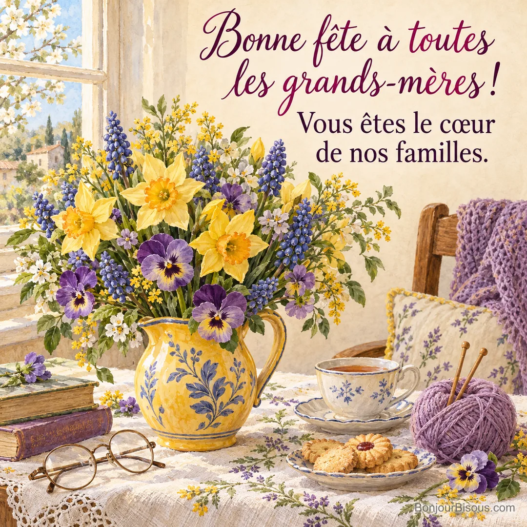Aquarelle d’un bouquet de jonquilles, pensées et muscaris dans un pichet en faïence jaune, avec des lunettes, des livres, une tasse de thé, des sablés et une pelote de laine, avec le texte « Bonne fête à toutes les grands-mères ! Vous êtes le cœur de nos familles. » Aquarelle d’un bouquet de jonquilles, pensées et muscaris dans un pichet en faïence jaune, avec des lunettes, des livres, une tasse de thé, des sablés et une pelote de laine, avec le texte « Bonne fête à toutes les grands-mères ! Vous êtes le cœur de nos familles. »