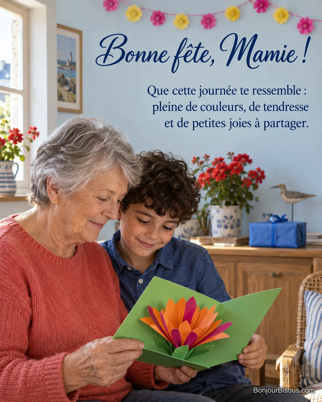 Une mamie et son petit-fils ouvrent une carte verte avec une grande fleur pop-up orange et magenta, avec le texte « Bonne fête, Mamie ! Que cette journée te ressemble : pleine de couleurs, de tendresse et de petites joies à partager. ». Une mamie et son petit-fils ouvrent une carte verte avec une grande fleur pop-up orange et magenta, avec le texte « Bonne fête, Mamie ! Que cette journée te ressemble : pleine de couleurs, de tendresse et de petites joies à partager. ».