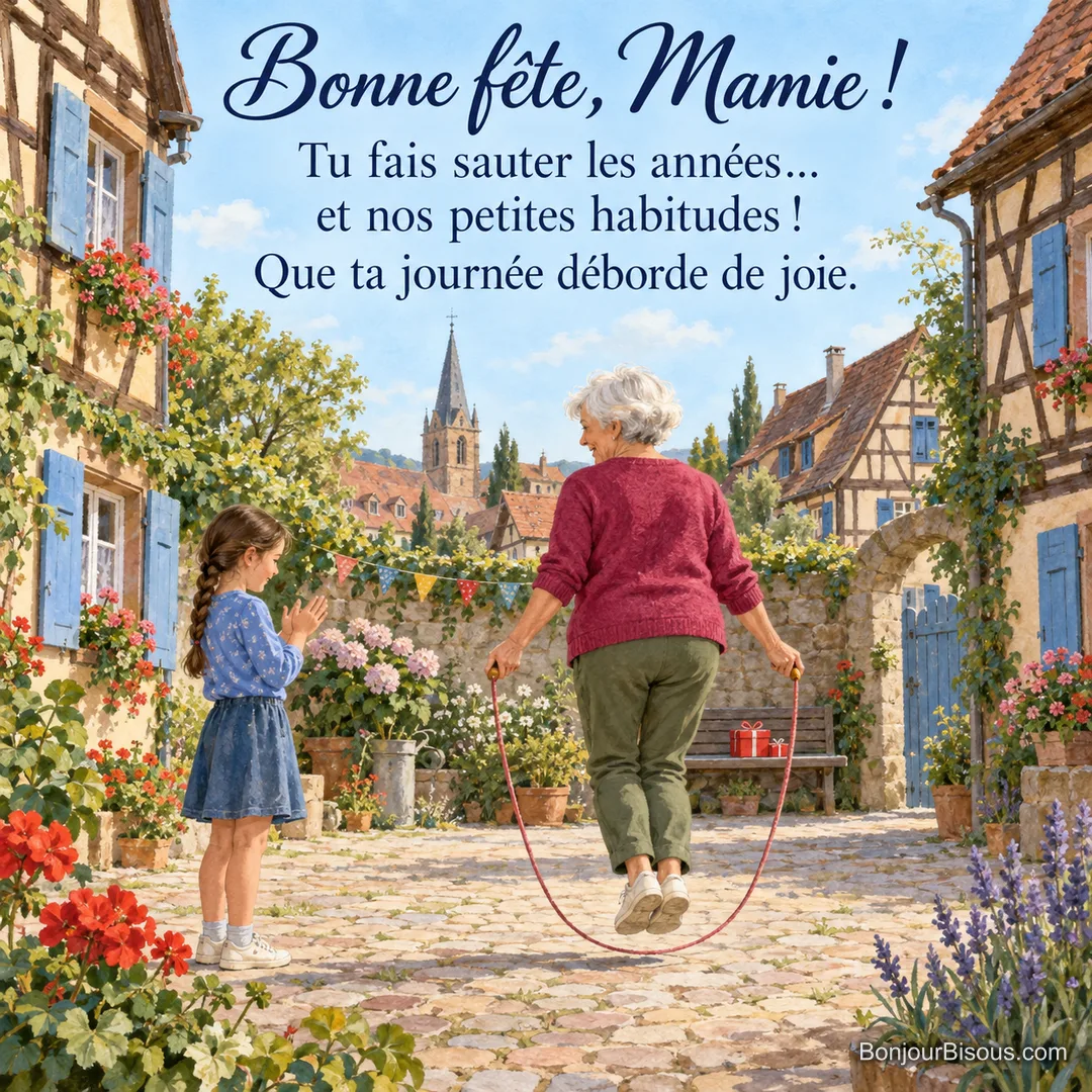 Une mamie saute doucement à la corde sous le regard amusé de sa petite-fille dans une cour alsacienne décorée, avec le texte « Bonne fête, Mamie ! Tu fais sauter les années… et nos petites habitudes ! Que ta journée déborde de joie. ». Une mamie saute doucement à la corde sous le regard amusé de sa petite-fille dans une cour alsacienne décorée, avec le texte « Bonne fête, Mamie ! Tu fais sauter les années… et nos petites habitudes ! Que ta journée déborde de joie. ».