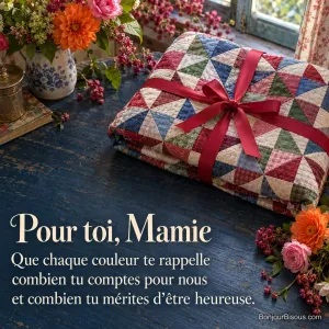 Un patchwork multicolore noué d’un ruban rouge attend dans une pièce décorée pour la fête des grands-mères, avec le texte « Pour toi, Mamie Que chaque couleur te rappelle combien tu comptes pour nous et combien tu mérites d’être heureuse. ».