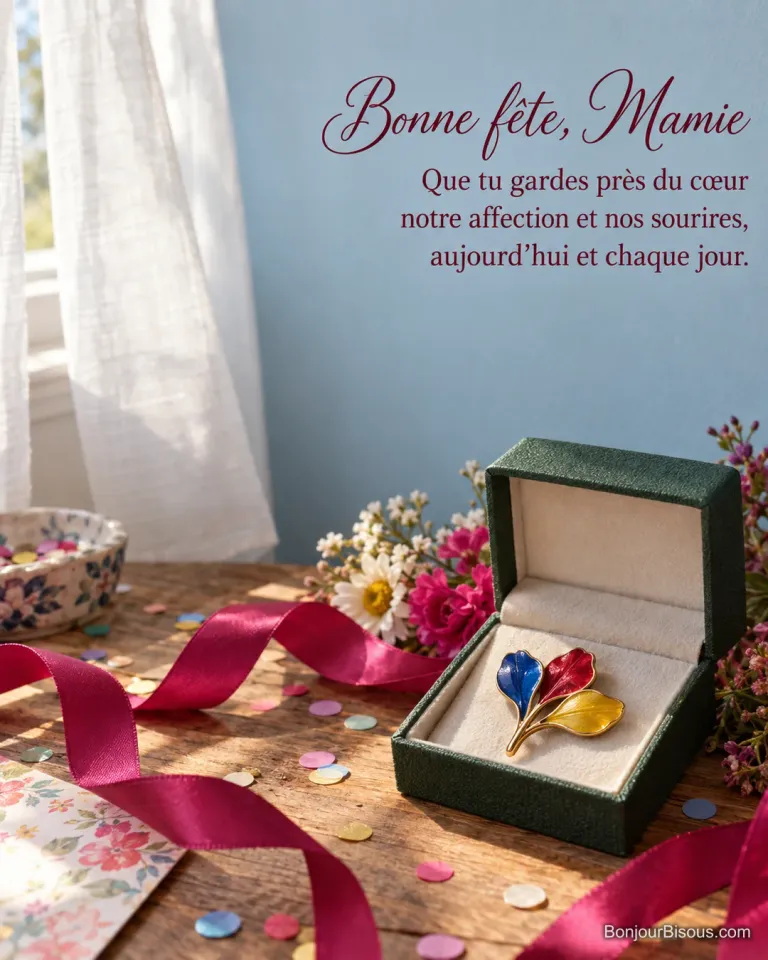 Une broche émaillée bleue, rouge et jaune est présentée dans un écrin vert parmi des rubans et des fleurs de fête, avec le texte « Bonne fête, Mamie Que tu gardes près du cœur notre affection et nos sourires, aujourd’hui et chaque jour. ».