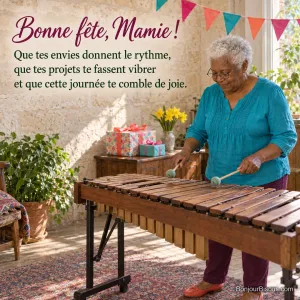 Une grand-mère joue du xylophone dans un atelier bordelais décoré pour la fête des grands-mères, avec le texte « Bonne fête, Mamie ! Que tes envies donnent le rythme, que tes projets te fassent vibrer et que cette journée te comble de joie. ».