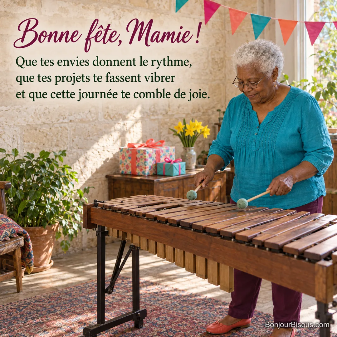Une grand-mère joue du xylophone dans un atelier bordelais décoré pour la fête des grands-mères, avec le texte « Bonne fête, Mamie ! Que tes envies donnent le rythme, que tes projets te fassent vibrer et que cette journée te comble de joie. ». Une grand-mère joue du xylophone dans un atelier bordelais décoré pour la fête des grands-mères, avec le texte « Bonne fête, Mamie ! Que tes envies donnent le rythme, que tes projets te fassent vibrer et que cette journée te comble de joie. ».