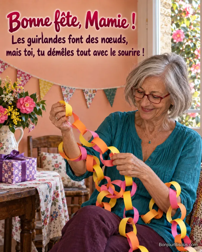 Une mamie rit en dépliant une chaîne de papier qui s’est enroulée autour de son avant-bras, avec le texte « Bonne fête, Mamie ! Les guirlandes font des nœuds, mais toi, tu démêles tout avec le sourire ! ».