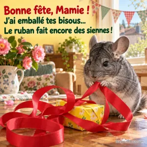 Un chinchilla tient le ruban trop long d’un paquet jaune préparé pour sa mamie, avec le texte « Bonne fête, Mamie ! J’ai emballé tes bisous… Le ruban fait encore des siennes ! ».