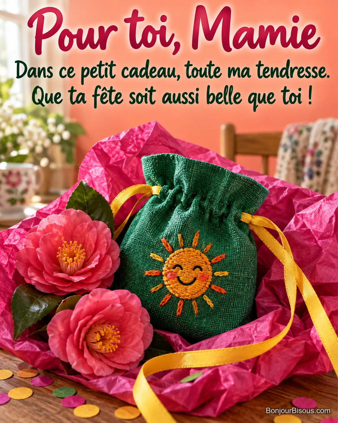 Un petit sachet de lin brodé repose dans un papier cadeau rose, près de fleurs de camélia, avec le texte « Pour toi, Mamie Dans ce petit cadeau, toute ma tendresse. Que ta fête soit aussi belle que toi ! ». Un petit sachet de lin brodé repose dans un papier cadeau rose, près de fleurs de camélia, avec le texte « Pour toi, Mamie Dans ce petit cadeau, toute ma tendresse. Que ta fête soit aussi belle que toi ! ».
