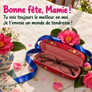 Une paire de lunettes se blottit dans un étui rouge offert avec des camélias et un ruban bleu, avec le texte « Bonne fête, Mamie ! Tu vois toujours le meilleur en moi. Je t’envoie un monde de tendresse ! ».