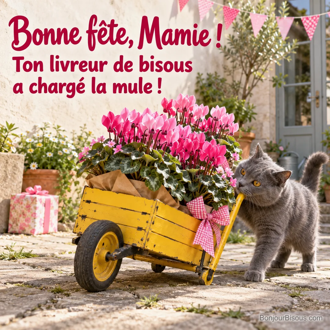 Un chartreux gris se glisse près d’un petit chariot jaune rempli de cyclamens roses pour la fête des grands-mères, avec le texte « Bonne fête, Mamie ! Ton livreur de bisous a chargé la mule ! ». Un chartreux gris se glisse près d’un petit chariot jaune rempli de cyclamens roses pour la fête des grands-mères, avec le texte « Bonne fête, Mamie ! Ton livreur de bisous a chargé la mule ! ».