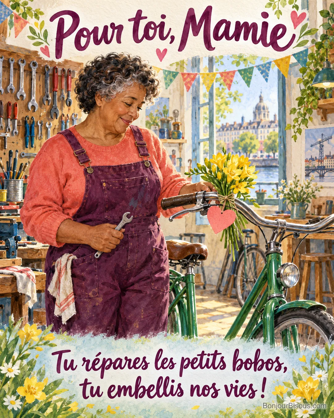 Une mamie mécanicienne découvre un cœur et des fleurs sur le vélo qu’elle répare dans son atelier nantais, avec le texte « Pour toi, Mamie Tu répares les petits bobos, tu embellis nos vies ! ». Une mamie mécanicienne découvre un cœur et des fleurs sur le vélo qu’elle répare dans son atelier nantais, avec le texte « Pour toi, Mamie Tu répares les petits bobos, tu embellis nos vies ! ».