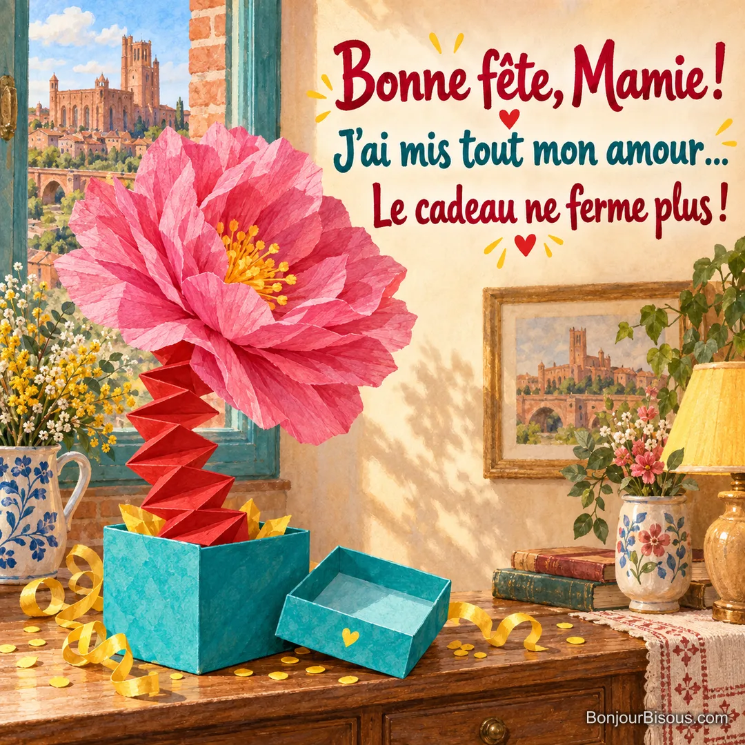 Une immense fleur de papier jaillit d’un cadeau turquoise ouvert au milieu de confettis de fête, avec le texte « Bonne fête, Mamie ! J’ai mis tout mon amour… Le cadeau ne ferme plus ! ». Une immense fleur de papier jaillit d’un cadeau turquoise ouvert au milieu de confettis de fête, avec le texte « Bonne fête, Mamie ! J’ai mis tout mon amour… Le cadeau ne ferme plus ! ».