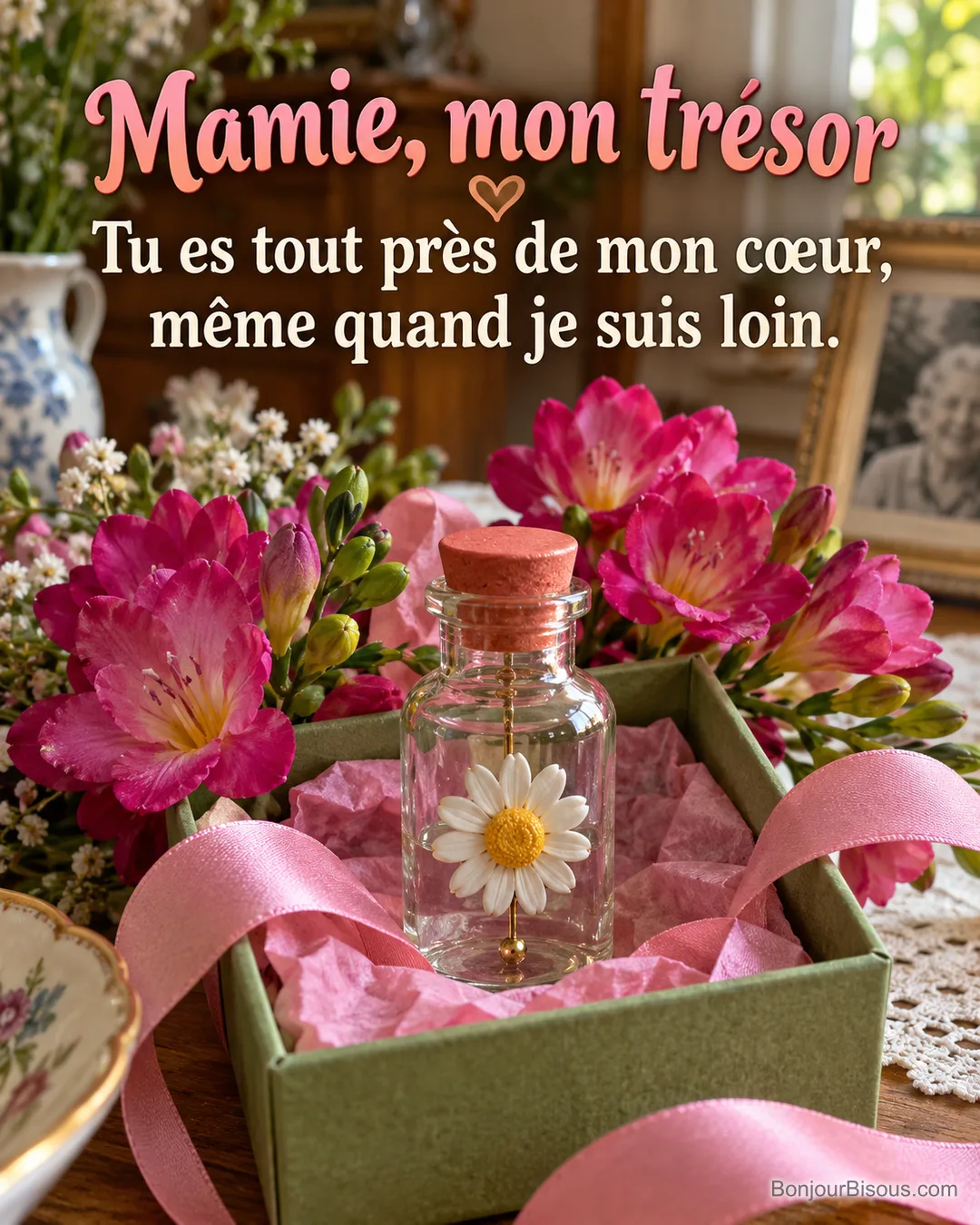 Un flacon de verre abrite une marguerite de porcelaine dans un coffret cadeau coloré pour Mamie, avec le texte « Mamie, mon trésor Tu es tout près de mon cœur, même quand je suis loin. ». Un flacon de verre abrite une marguerite de porcelaine dans un coffret cadeau coloré pour Mamie, avec le texte « Mamie, mon trésor Tu es tout près de mon cœur, même quand je suis loin. ».