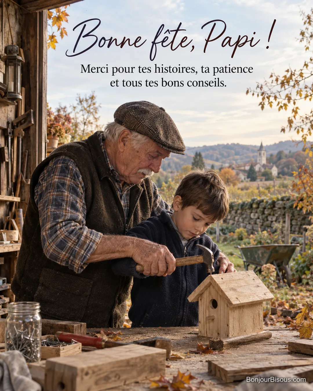 Photo d’un grand-père moustachu en casquette qui aide son petit-fils à planter un clou dans un nichoir en bois sur un établi, village et feuilles d’automne au fond, avec le texte « Bonne fête, Papi ! Merci pour tes histoires, ta patience et tous tes bons conseils. » Photo d’un grand-père moustachu en casquette qui aide son petit-fils à planter un clou dans un nichoir en bois sur un établi, village et feuilles d’automne au fond, avec le texte « Bonne fête, Papi ! Merci pour tes histoires, ta patience et tous tes bons conseils. »