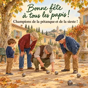 Peinture de trois grands-pères en casquette penchés sur une partie de pétanque sur une place de village en automne, l’un mesure la distance, un garçon mange une glace, avec le texte « Bonne fête à tous les papis ! Champions de la pétanque et de la sieste ! »