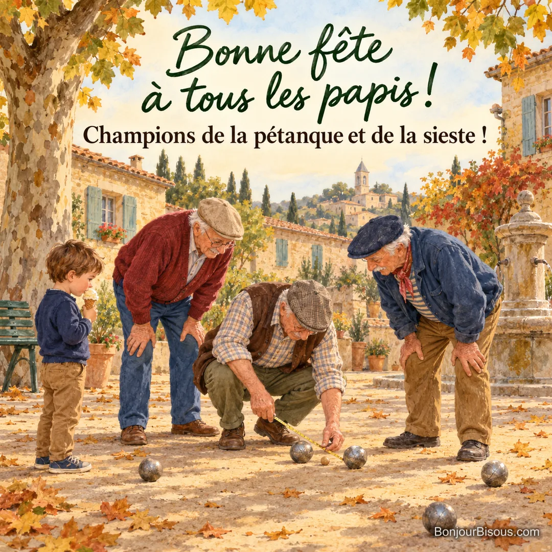 Peinture de trois grands-pères en casquette penchés sur une partie de pétanque sur une place de village en automne, l’un mesure la distance, un garçon mange une glace, avec le texte « Bonne fête à tous les papis ! Champions de la pétanque et de la sieste ! » Peinture de trois grands-pères en casquette penchés sur une partie de pétanque sur une place de village en automne, l’un mesure la distance, un garçon mange une glace, avec le texte « Bonne fête à tous les papis ! Champions de la pétanque et de la sieste ! »