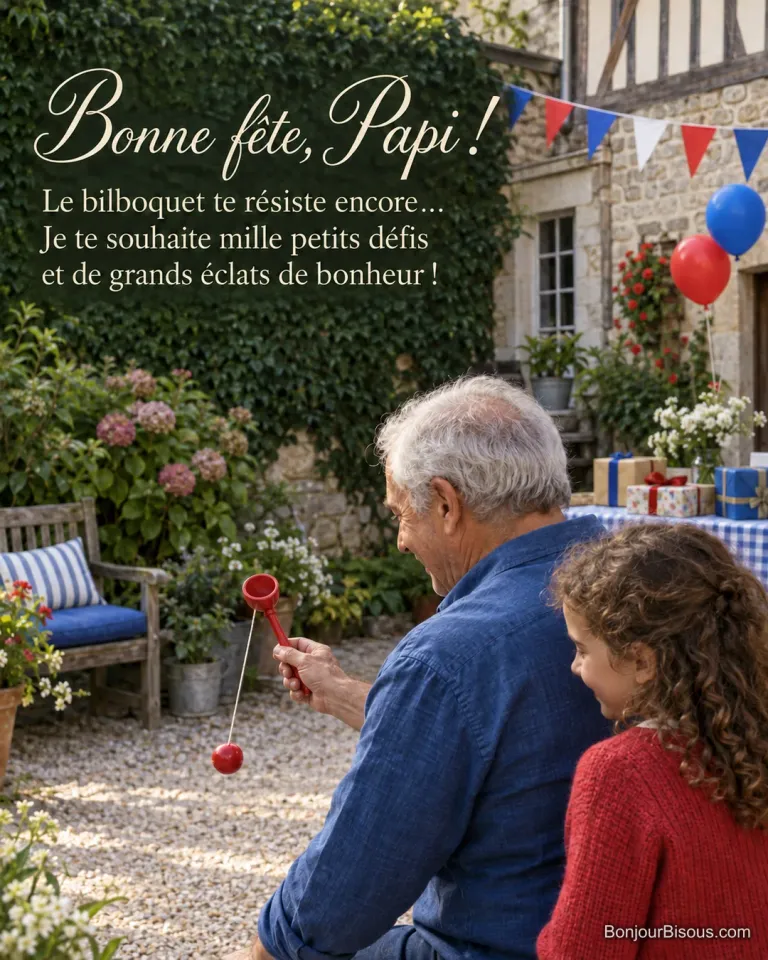 Papi joue au bilboquet sous les yeux de sa petite-fille dans une cour décorée pour sa fête. Le texte indique : « Bonne fête, Papi ! Le bilboquet te résiste encore… Je te souhaite mille petits défis et de grands éclats de bonheur ! »