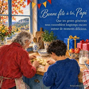 Un grand-père et son petit-fils tressent une brioche dans une cuisine décorée de cadeaux et de fanions. Le texte indique : « Bonne fête à toi, Papi Que tes gestes généreux nous rassemblent longtemps encore autour de moments délicieux. »