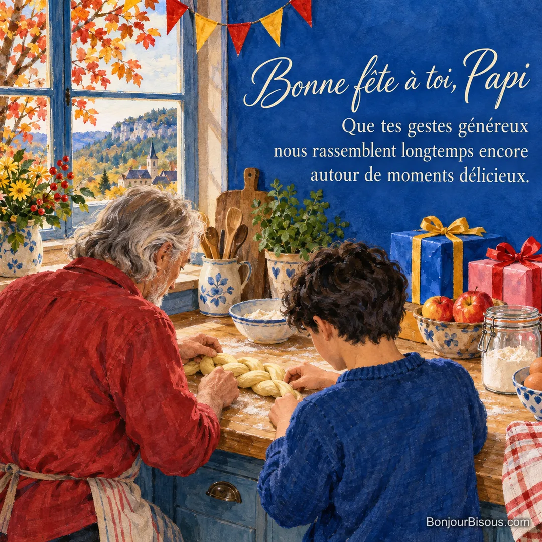 Un grand-père et son petit-fils tressent une brioche dans une cuisine décorée de cadeaux et de fanions. Le texte indique : « Bonne fête à toi, Papi Que tes gestes généreux nous rassemblent longtemps encore autour de moments délicieux. » Un grand-père et son petit-fils tressent une brioche dans une cuisine décorée de cadeaux et de fanions. Le texte indique : « Bonne fête à toi, Papi Que tes gestes généreux nous rassemblent longtemps encore autour de moments délicieux. »