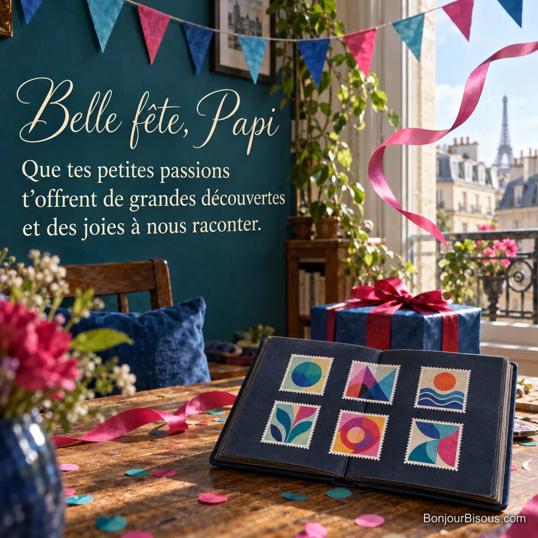 Un album de six timbres colorés sans inscription s’ouvre parmi cadeaux et décorations de fête. Le texte indique : « Belle fête, Papi Que tes petites passions t’offrent de grandes découvertes et des joies à nous raconter. » Un album de six timbres colorés sans inscription s’ouvre parmi cadeaux et décorations de fête. Le texte indique : « Belle fête, Papi Que tes petites passions t’offrent de grandes découvertes et des joies à nous raconter. »