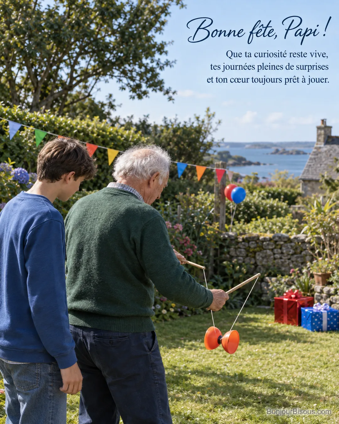 Papi fait tourner un diabolo avec son petit-fils dans un jardin décoré pour sa fête. Le texte indique : « Bonne fête, Papi ! Que ta curiosité reste vive, tes journées pleines de surprises et ton cœur toujours prêt à jouer. » Papi fait tourner un diabolo avec son petit-fils dans un jardin décoré pour sa fête. Le texte indique : « Bonne fête, Papi ! Que ta curiosité reste vive, tes journées pleines de surprises et ton cœur toujours prêt à jouer. »