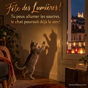 Un chat tigré essaie d’attraper son ombre pendant que des lumignons brillent derrière une vitre, avec le texte « Fête des Lumières ! Tu peux allumer les sourires, le chat poursuit déjà le sien ! ».