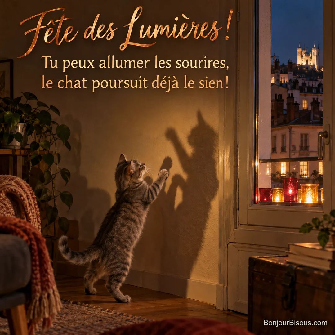 Un chat tigré essaie d’attraper son ombre pendant que des lumignons brillent derrière une vitre, avec le texte « Fête des Lumières ! Tu peux allumer les sourires, le chat poursuit déjà le sien ! ». Un chat tigré essaie d’attraper son ombre pendant que des lumignons brillent derrière une vitre, avec le texte « Fête des Lumières ! Tu peux allumer les sourires, le chat poursuit déjà le sien ! ».