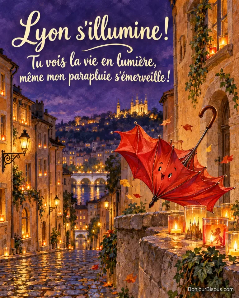 Un parapluie rouge retourné par le vent s’étonne devant les lumignons du Vieux Lyon, avec le texte « Lyon s’illumine ! Tu vois la vie en lumière, même mon parapluie s’émerveille ! ».