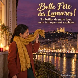 Une Lyonnaise rattrape son écharpe soulevée par le vent devant une fenêtre donnant sur la Saône, avec le texte « Belle Fête des Lumières ! Tu brilles de mille feux, mon écharpe veut sa photo ! ».