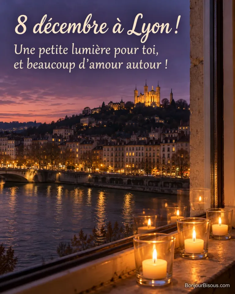 Des lumignons brillent à une fenêtre lyonnaise avec Fourvière au loin, avec le texte « 8 décembre à Lyon ! Une petite lumière pour toi, et beaucoup d’amour autour ! ».