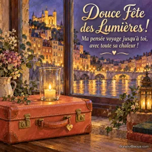Une valisette corail accueille un lumignon protégé et un cœur doré près d’une fenêtre lyonnaise, avec le texte « Douce Fête des Lumières ! Ma pensée voyage jusqu’à toi, avec toute sa chaleur ! ».