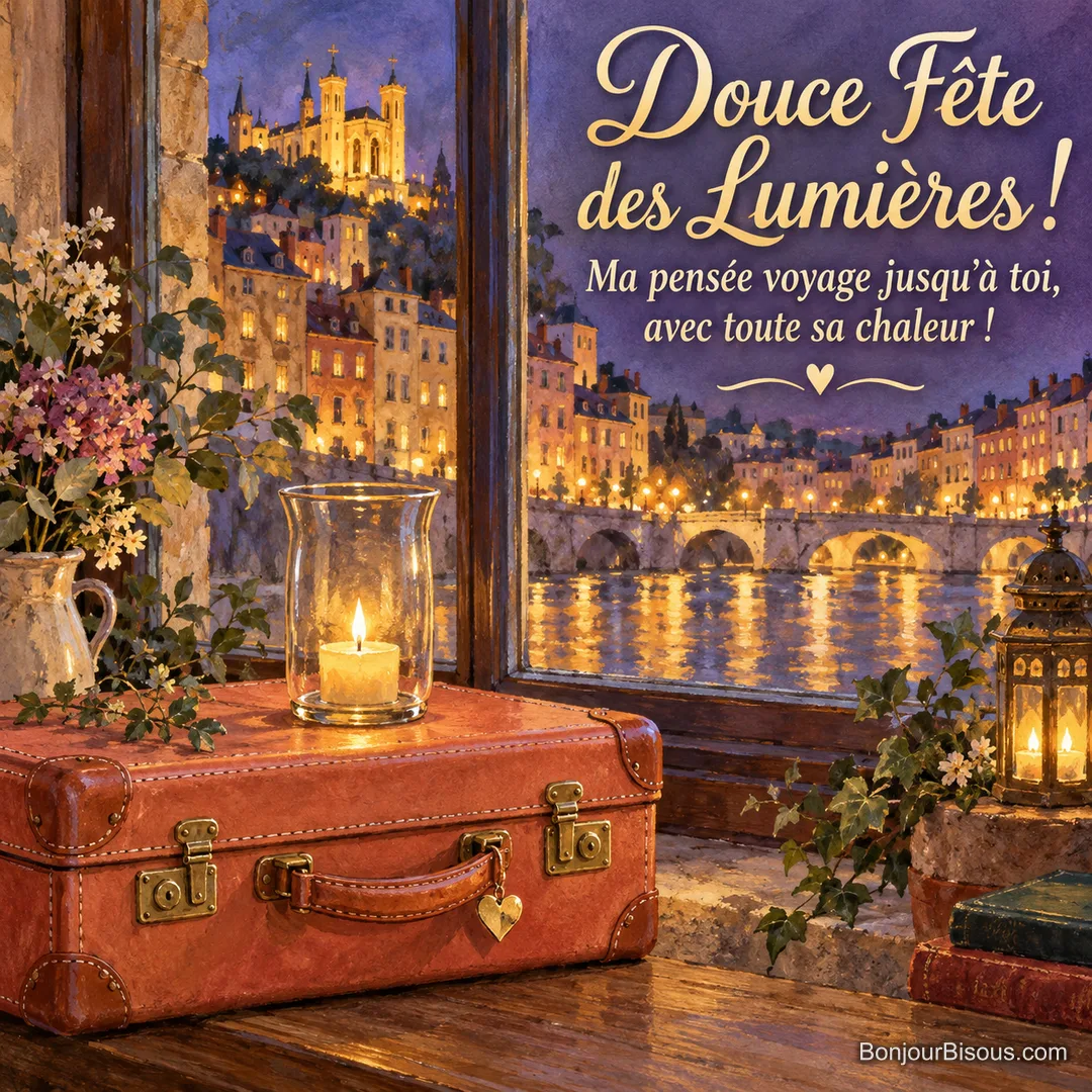 Une valisette corail accueille un lumignon protégé et un cœur doré près d’une fenêtre lyonnaise, avec le texte « Douce Fête des Lumières ! Ma pensée voyage jusqu’à toi, avec toute sa chaleur ! ». Une valisette corail accueille un lumignon protégé et un cœur doré près d’une fenêtre lyonnaise, avec le texte « Douce Fête des Lumières ! Ma pensée voyage jusqu’à toi, avec toute sa chaleur ! ».