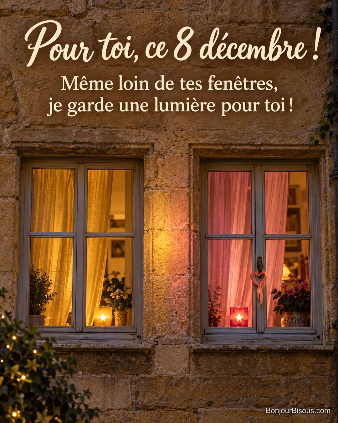 Les lumières de deux fenêtres voisines se rejoignent sur une façade du Vieux Lyon, avec le texte « Pour toi, ce 8 décembre ! Même loin de tes fenêtres, je garde une lumière pour toi ! ». Les lumières de deux fenêtres voisines se rejoignent sur une façade du Vieux Lyon, avec le texte « Pour toi, ce 8 décembre ! Même loin de tes fenêtres, je garde une lumière pour toi ! ».