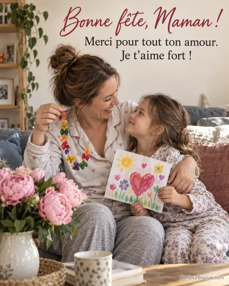 Photo d’une maman en pyjama qui tient un collier de pâtes colorées et serre sa fille qui montre un dessin de cœur et de fleurs, bouquet de pivoines au premier plan, avec le texte « Bonne fête, Maman ! Merci pour tout ton amour. Je t’aime fort ! »