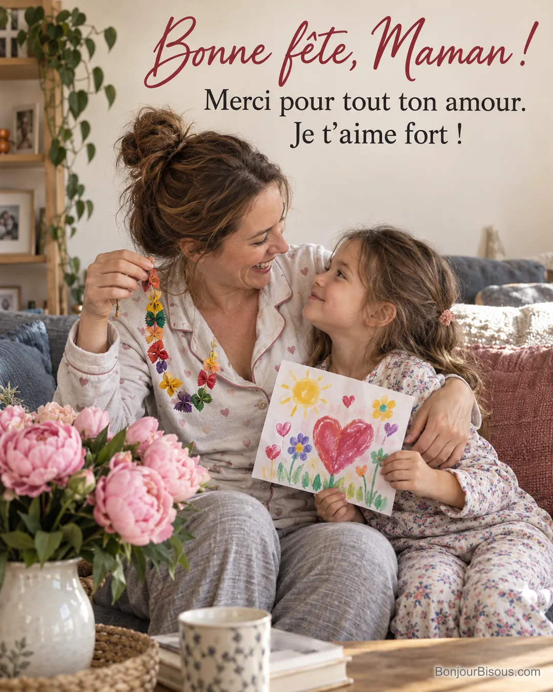 Photo d’une maman en pyjama qui tient un collier de pâtes colorées et serre sa fille qui montre un dessin de cœur et de fleurs, bouquet de pivoines au premier plan, avec le texte « Bonne fête, Maman ! Merci pour tout ton amour. Je t’aime fort ! » Photo d’une maman en pyjama qui tient un collier de pâtes colorées et serre sa fille qui montre un dessin de cœur et de fleurs, bouquet de pivoines au premier plan, avec le texte « Bonne fête, Maman ! Merci pour tout ton amour. Je t’aime fort ! »
