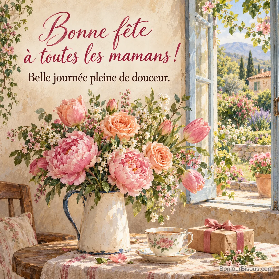 Peinture d’un bouquet de pivoines, roses pêche et tulipes dans un broc en émail sur une table près d’une fenêtre ouverte sur un jardin, avec une tasse de thé et un cadeau, avec le texte « Bonne fête à toutes les mamans ! Belle journée pleine de douceur. » Peinture d’un bouquet de pivoines, roses pêche et tulipes dans un broc en émail sur une table près d’une fenêtre ouverte sur un jardin, avec une tasse de thé et un cadeau, avec le texte « Bonne fête à toutes les mamans ! Belle journée pleine de douceur. »