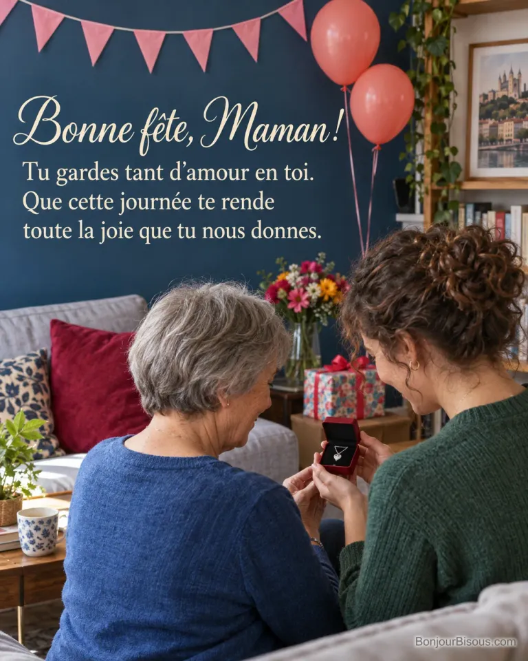 Une fille adulte offre à sa mère un médaillon cœur en argent dans un salon décoré pour sa fête, avec le texte « Bonne fête, Maman ! Tu gardes tant d’amour en toi. Que cette journée te rende toute la joie que tu nous donnes. ».