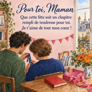 Un fils adulte offre un marque-page brodé à sa mère dans une pièce décorée de fanions et de fleurs, avec le texte « Pour toi, Maman Que cette fête soit un chapitre rempli de tendresse pour toi. Je t’aime de tout mon cœur ! ».