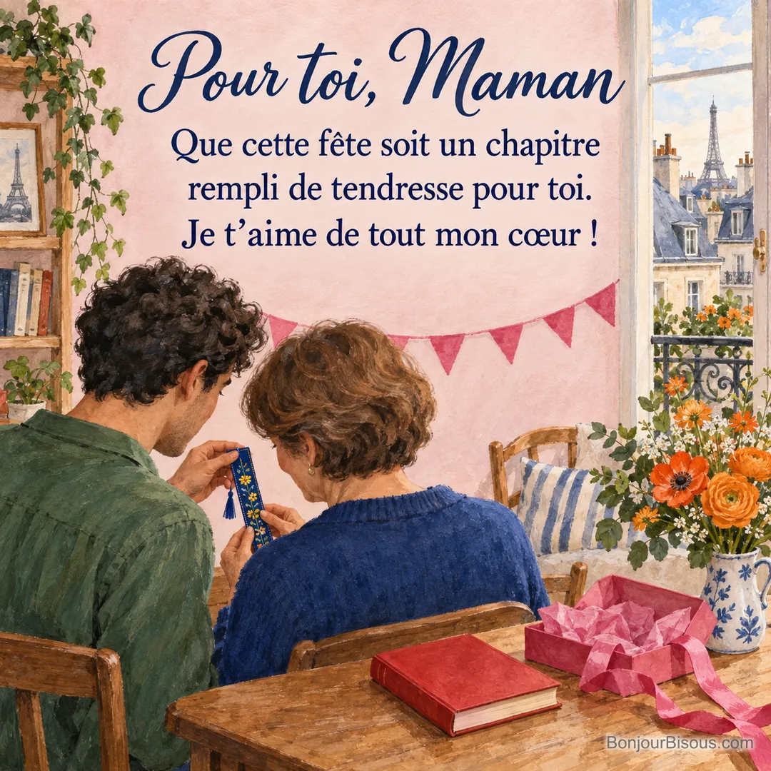 Un fils adulte offre un marque-page brodé à sa mère dans une pièce décorée de fanions et de fleurs, avec le texte « Pour toi, Maman Que cette fête soit un chapitre rempli de tendresse pour toi. Je t’aime de tout mon cœur ! ». Un fils adulte offre un marque-page brodé à sa mère dans une pièce décorée de fanions et de fleurs, avec le texte « Pour toi, Maman Que cette fête soit un chapitre rempli de tendresse pour toi. Je t’aime de tout mon cœur ! ».