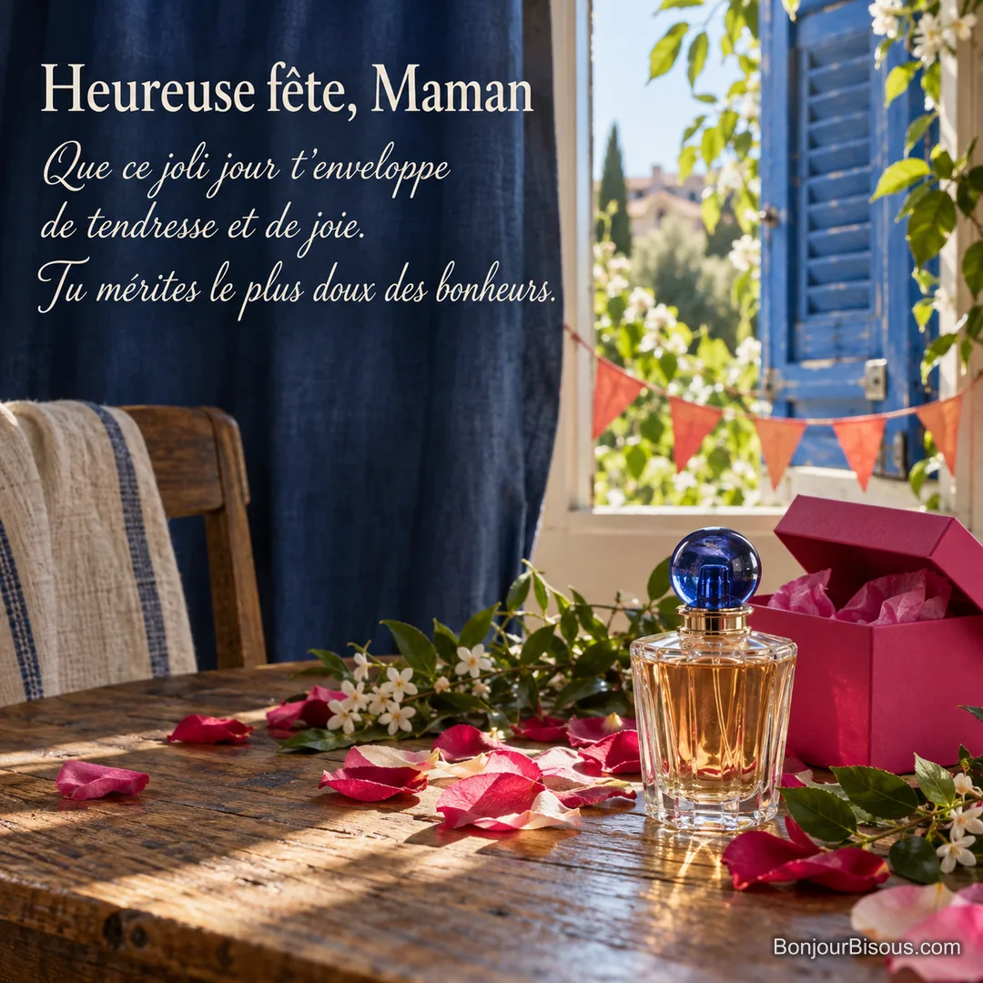Un flacon de parfum sans marque et son coffret fuchsia composent un cadeau dans un décor de fête coloré, avec le texte « Heureuse fête, Maman Que ce joli jour t’enveloppe de tendresse et de joie. Tu mérites le plus doux des bonheurs. ». Un flacon de parfum sans marque et son coffret fuchsia composent un cadeau dans un décor de fête coloré, avec le texte « Heureuse fête, Maman Que ce joli jour t’enveloppe de tendresse et de joie. Tu mérites le plus doux des bonheurs. ».