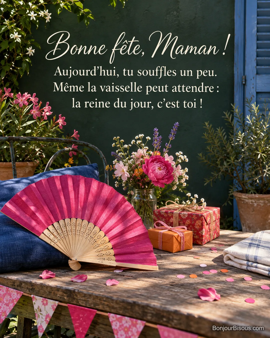 Un éventail fuchsia repose parmi des cadeaux et des décorations, près d’un torchon plié laissé de côté, avec le texte « Bonne fête, Maman ! Aujourd’hui, tu souffles un peu. Même la vaisselle peut attendre : la reine du jour, c’est toi ! ». Un éventail fuchsia repose parmi des cadeaux et des décorations, près d’un torchon plié laissé de côté, avec le texte « Bonne fête, Maman ! Aujourd’hui, tu souffles un peu. Même la vaisselle peut attendre : la reine du jour, c’est toi ! ».