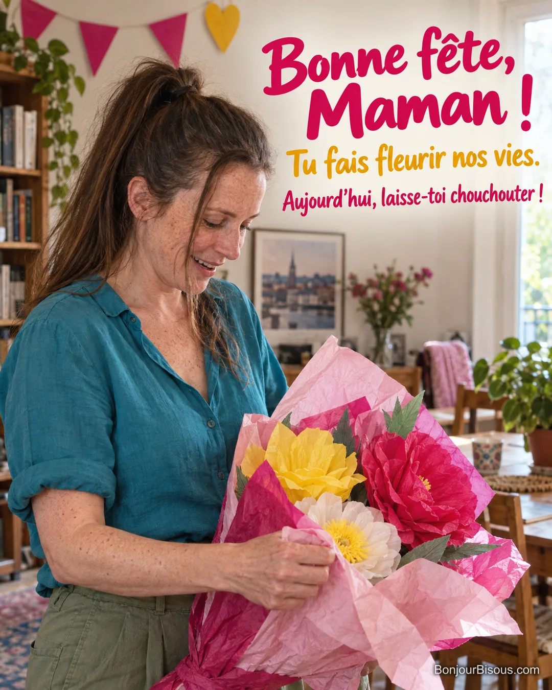 Une maman découvre avec émotion un grand bouquet de fleurs de papier colorées, avec le texte « Bonne fête, Maman ! Tu fais fleurir nos vies. Aujourd’hui, laisse-toi chouchouter ! ». Une maman découvre avec émotion un grand bouquet de fleurs de papier colorées, avec le texte « Bonne fête, Maman ! Tu fais fleurir nos vies. Aujourd’hui, laisse-toi chouchouter ! ».