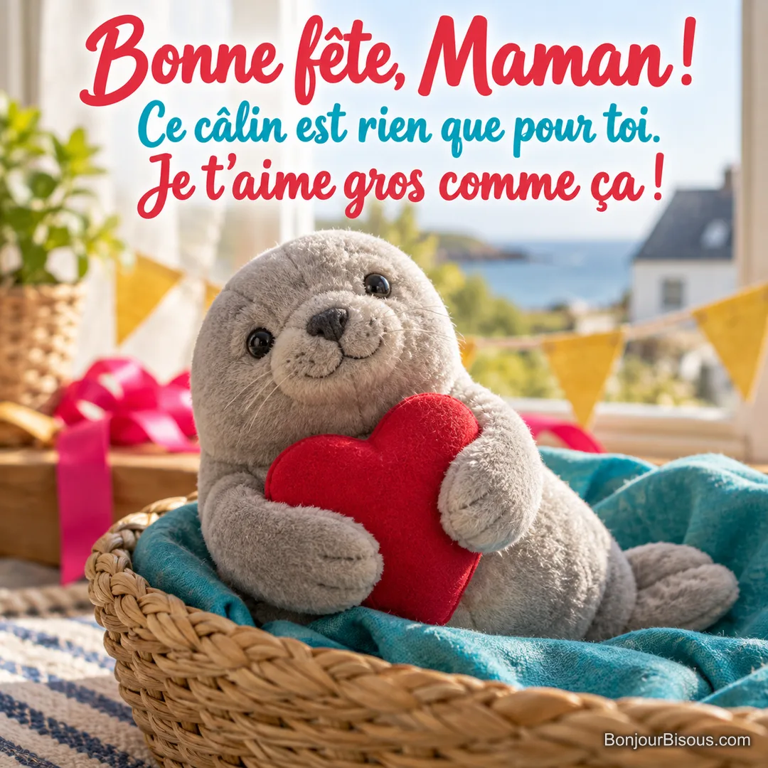 Une peluche de phoque serre un coussin cœur, comme un gros câlin offert à maman, avec le texte « Bonne fête, Maman ! Ce câlin est rien que pour toi. Je t’aime gros comme ça ! ». Une peluche de phoque serre un coussin cœur, comme un gros câlin offert à maman, avec le texte « Bonne fête, Maman ! Ce câlin est rien que pour toi. Je t’aime gros comme ça ! ».