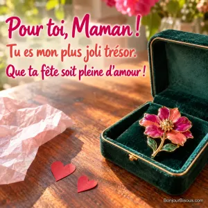 Une broche fleur en émail coloré attend dans son écrin vert, cadeau plein de gratitude pour maman, avec le texte « Pour toi, Maman ! Tu es mon plus joli trésor. Que ta fête soit pleine d’amour ! ».
