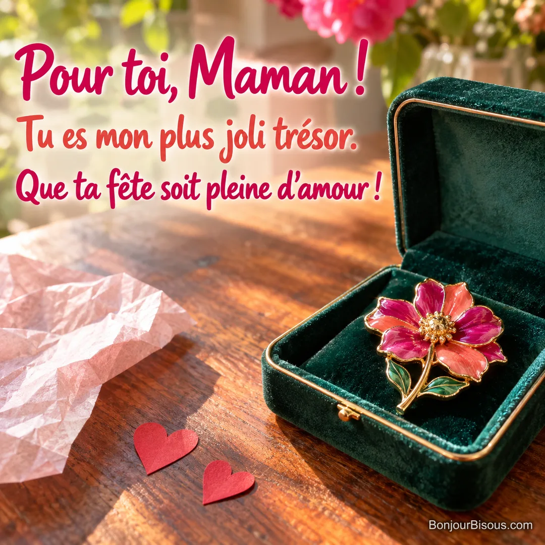 Une broche fleur en émail coloré attend dans son écrin vert, cadeau plein de gratitude pour maman, avec le texte « Pour toi, Maman ! Tu es mon plus joli trésor. Que ta fête soit pleine d’amour ! ». Une broche fleur en émail coloré attend dans son écrin vert, cadeau plein de gratitude pour maman, avec le texte « Pour toi, Maman ! Tu es mon plus joli trésor. Que ta fête soit pleine d’amour ! ».