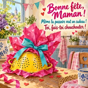 Une passoire coiffée de papier cadeau et d’un nœud de travers se mêle à la fête de maman, avec le texte « Bonne fête, Maman ! Même la passoire veut un cadeau ! Toi, fais-toi chouchouter ! ».
