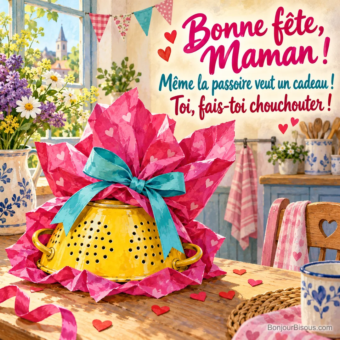 Une passoire coiffée de papier cadeau et d’un nœud de travers se mêle à la fête de maman, avec le texte « Bonne fête, Maman ! Même la passoire veut un cadeau ! Toi, fais-toi chouchouter ! ». Une passoire coiffée de papier cadeau et d’un nœud de travers se mêle à la fête de maman, avec le texte « Bonne fête, Maman ! Même la passoire veut un cadeau ! Toi, fais-toi chouchouter ! ».