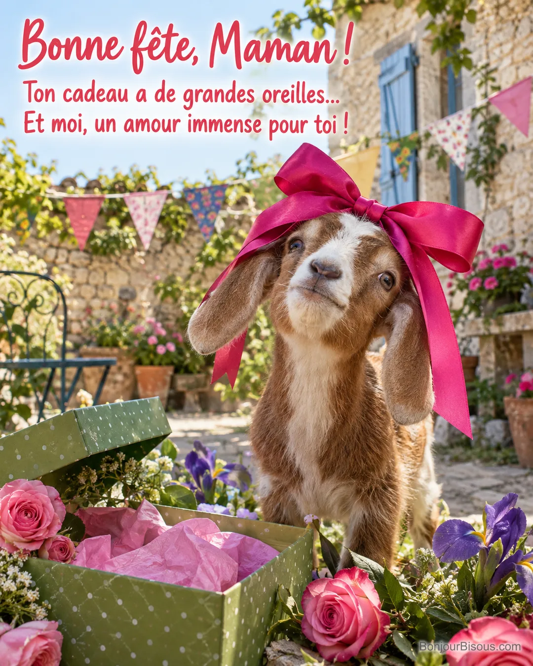 Un petit chevreau porte un énorme nœud rose de travers entre les oreilles, près de cadeaux fleuris, avec le texte « Bonne fête, Maman ! Ton cadeau a de grandes oreilles… Et moi, un amour immense pour toi ! ». Un petit chevreau porte un énorme nœud rose de travers entre les oreilles, près de cadeaux fleuris, avec le texte « Bonne fête, Maman ! Ton cadeau a de grandes oreilles… Et moi, un amour immense pour toi ! ».