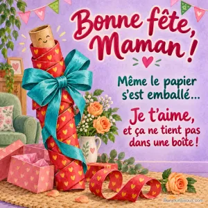 Un rouleau de papier cadeau souriant s’est emballé lui-même dans un énorme ruban turquoise, avec le texte « Bonne fête, Maman ! Même le papier s’est emballé… Je t’aime, et ça ne tient pas dans une boîte ! ».
