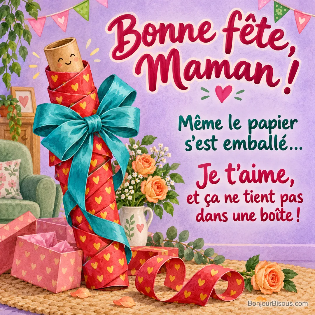 Un rouleau de papier cadeau souriant s’est emballé lui-même dans un énorme ruban turquoise, avec le texte « Bonne fête, Maman ! Même le papier s’est emballé… Je t’aime, et ça ne tient pas dans une boîte ! ». Un rouleau de papier cadeau souriant s’est emballé lui-même dans un énorme ruban turquoise, avec le texte « Bonne fête, Maman ! Même le papier s’est emballé… Je t’aime, et ça ne tient pas dans une boîte ! ».