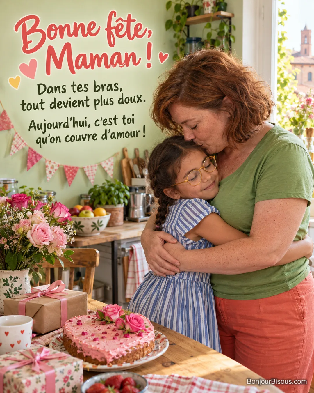 Une mère embrasse sa fille blottie contre elle près d’un gâteau rose et de cadeaux colorés, avec le texte « Bonne fête, Maman ! Dans tes bras, tout devient plus doux. Aujourd’hui, c’est toi qu’on couvre d’amour ! ». Une mère embrasse sa fille blottie contre elle près d’un gâteau rose et de cadeaux colorés, avec le texte « Bonne fête, Maman ! Dans tes bras, tout devient plus doux. Aujourd’hui, c’est toi qu’on couvre d’amour ! ».